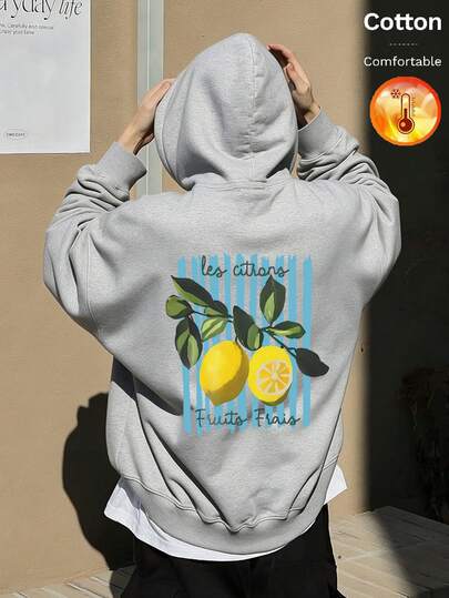 Sweat-shirt à capuche en polaire pour hommes, fond rayé bleu, imprimé citron et texte français << Les Citrons » << Fruits Frais », style Y2K, automne/hiver