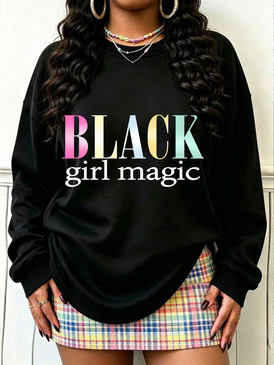 Women's Plus Size Hoodie, Round Neck Long Sleeved Top, Magic "Letter Pattern Print, Soft And Breathable, Suitable For Autumn And Winter - Black - View 1
