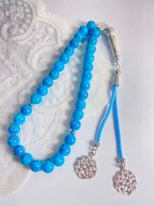 1件 33顆穆斯林祈禱珠 藍色圖案 Tasbih 祈禱珠 復古銀色飾品 手持式念珠 - 彩色 - 查看 4