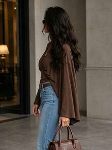Aflion Women Fall Clothing Brown Cape Poncho Top, Round Neck Loose Flowy Dolman Sleeve Cover Up For Daily Office Wear - Coffee Brown - View 3