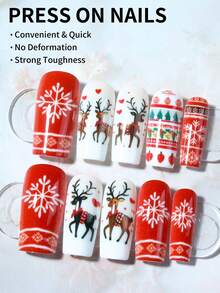 Christmas 24pcs Medium Square Press-On Nails, Featuring Snowflake, Deer, Heart, Christmas Sweater Pattern Design, Acrylic Material, Includes 1 Jelly Glue And 1 Nail File, Suitable For Autumn/Winter Christmas Use - Multicolor - View 2
