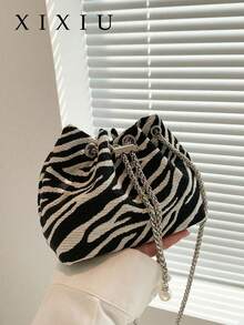 Dedoo 2026 New Zebra Print Drawstring Bucket Bag, Women's Fashion Chain Crossbody Bag With Pearl Decoration, Casual Mini Shoulder Handbag - Black and White - View 1