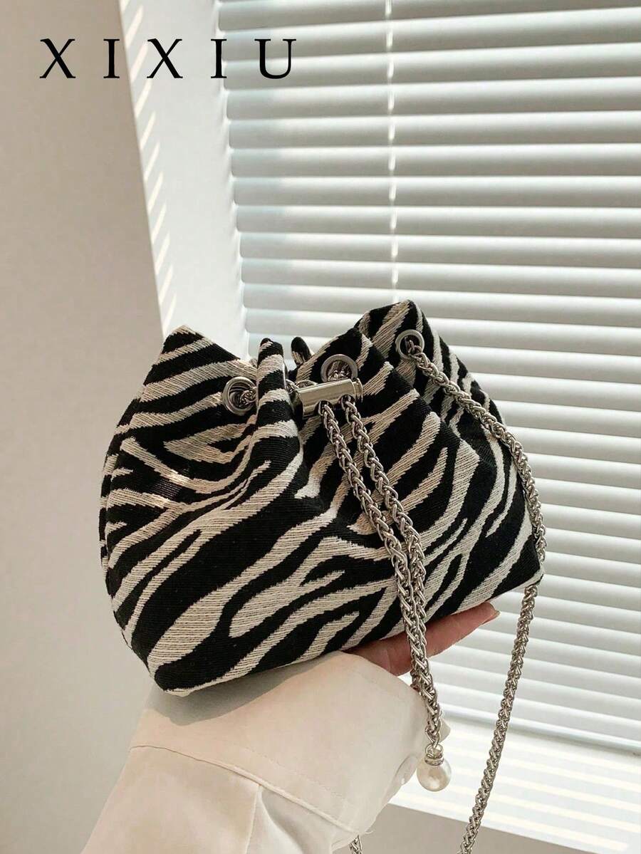 Dedoo 2026 New Zebra Print Drawstring Bucket Bag, Women's Fashion Chain Crossbody Bag With Pearl Decoration, Casual Mini Shoulder Handbag - Black and White - View 1