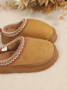 Children's Thick Sole Plush Warm Slippers With Woven Lace Trim, Fashionable Home Slippers For Autumn/Winter - Brown - View 6