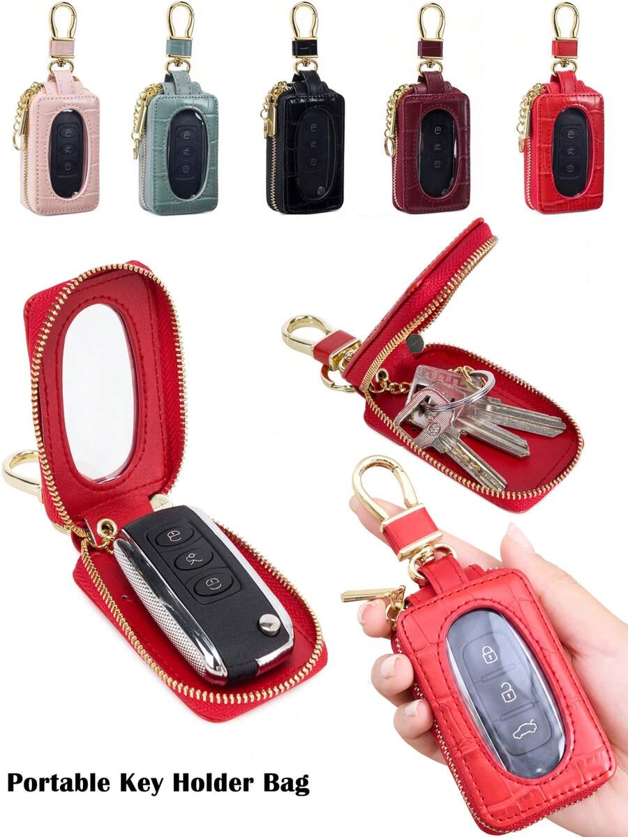 MIYIN Fashionable Visible Key Cover, Minimalist Solid Color Crocodile Texture Keychain, Unisex, Mini Portable Scratch-Resistant Car Key Pouch - Universal Car Key Ring, PU Zipper Key Ring Wallet, Men's Birthday Gift, Gift For Husband, Women's Gift, Valentine's Day Gift, Key Storage Bag, Mini Wallet