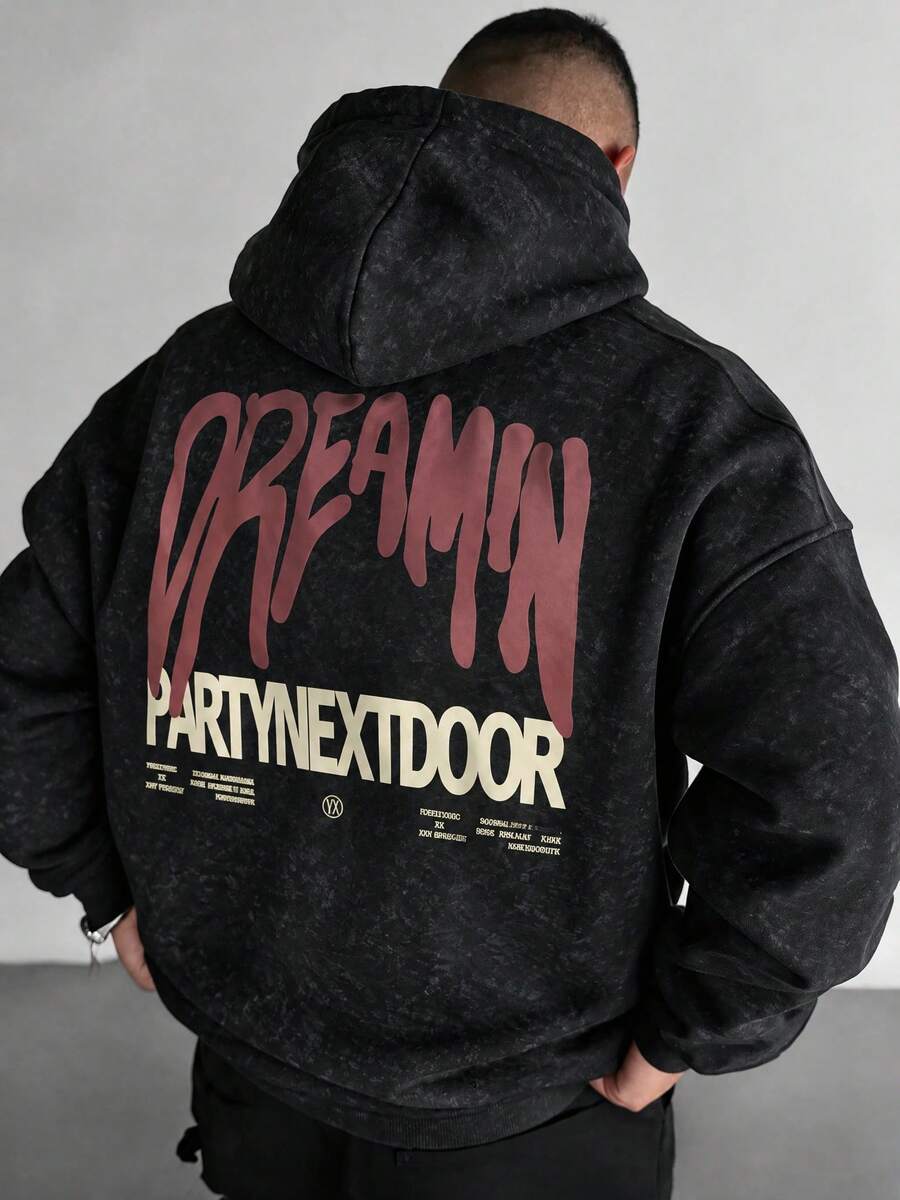 Men's Washed Distressed Tie-Dye Hoodie, Autumn/Winter Back Graffiti English Print, Loose Casual Black Pullover Sweatshirt - Black - View 1