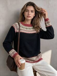 Women's Fashion Long Sleeve Pullover Knit Sweater, Fair Isle Pattern, Essential For Autumn/Winter - Black - View 5