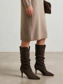 Women's 2026 New Autumn Pointed Toe Maillard Mid-Calf Western Slouch High Heel Boots - Chocolate Brown - View 8
