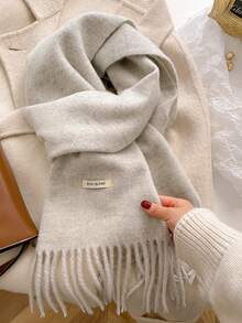 Grey White Korean Style Solid Color Tassel Winter Scarf For Women, Premium Knitted Warm Neck Warmer, Autumn/Winter - Greyish White - View 2