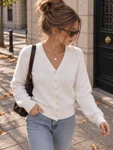 Women's Solid Color Long Sleeve Single-Breasted Casual Knit Cardigan - Beige - View 6