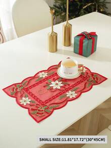 1pc 100% Polyester Red Sheer Embroidery Christmas Table Runner, Bell & Poinsettia Pattern Tassel Table Scarf, Holiday Dining Table Decor For Xmas Party Home Decoration - Red - View 14
