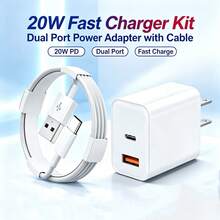 PD 20W US Plug Fast Charging Dual Port Wall Charger + 6.6ft/200cm USB To Type C Charging Cable, High-Efficiency Data Transfer Fast Charging Cable Compatible With Phone 18/17 Pro Max/16 Pro/16 Plus/16/15/ Series Data Cable Charger - US A Type Plug(110-127V) - View 1