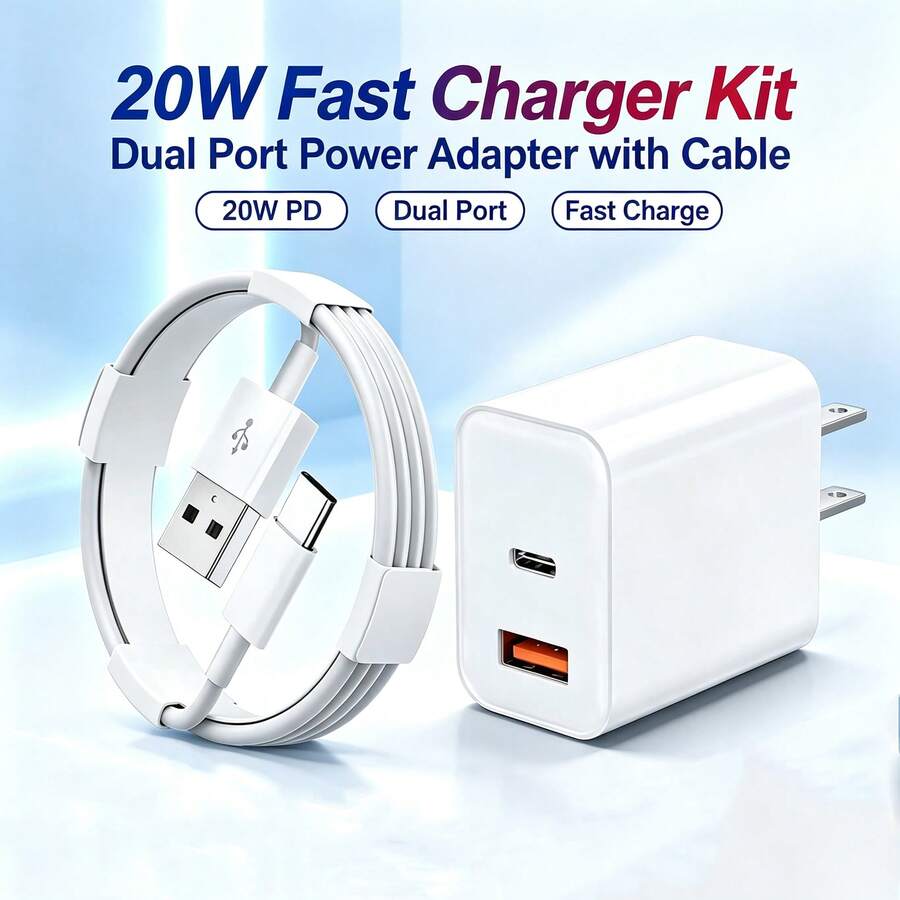 PD 20W US Plug Fast Charging Dual Port Wall Charger + 6.6ft/200cm USB To Type C Charging Cable, High-Efficiency Data Transfer Fast Charging Cable Compatible With Phone 18/17 Pro Max/16 Pro/16 Plus/16/15/ Series Data Cable Charger - US A Type Plug(110-127V) - View 1
