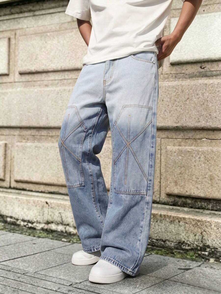 Men's Loose Straight Leg Jeans With Geometric Stitching Patchwork Design, American High Street Cargo Style Style, Retro Streetwear, All Season, Wide Leg, Mid Waist, Contrast Stitching, Light Blue - Dusty Blue - View 1
