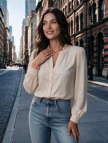 Women's Ruffle Collar Button-Front Puff Sleeve Blouse, Casual Top, Suitable For Autumn/Winter Daily Commute And Outings - Khaki - View 8