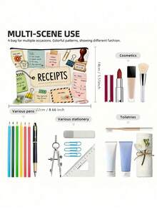 Vintage Receipts Zipper Pouch - Stationery Design With Stamps, Clips, Notes & Air Mail For Portable Storage Of Cosmetics, Stationery, Receipts, Or Travel Essentials. Compact For Office, Daily Use - Multicolor - View 11