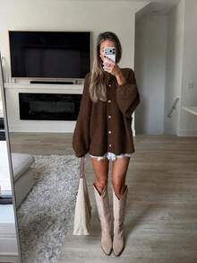 FOR BEAUTY Women's Autumn/Winter Cardigan Y2K Fashion Coffee Color Round Neck Front Button Knit Jacket Basic Business Casual Commute Outerwear Set - Chocolate Brown - View 1