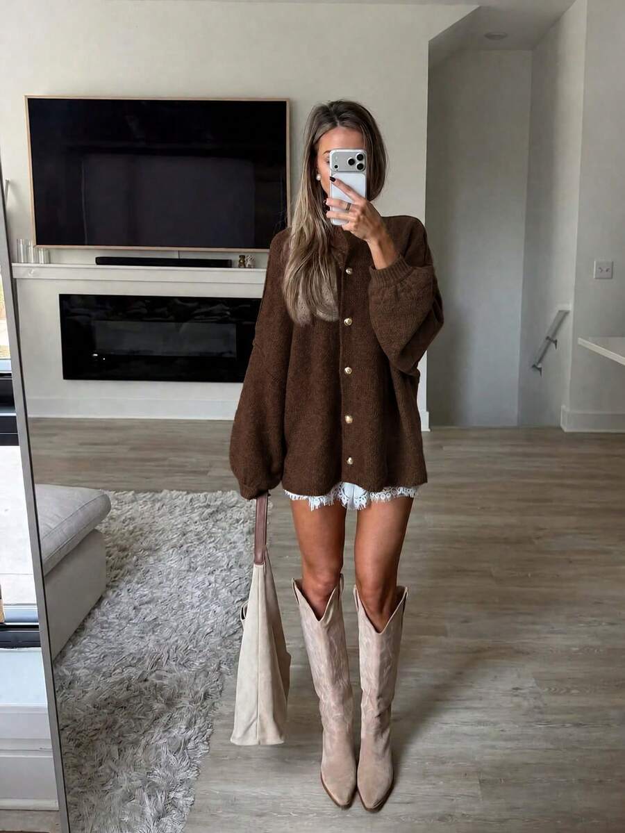 FOR BEAUTY Women's Autumn/Winter Cardigan Y2K Fashion Coffee Color Round Neck Front Button Knit Jacket Basic Business Casual Commute Outerwear Set - Chocolate Brown - View 1