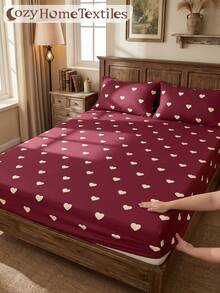 1pc Burgundy Red Beige Heart Pattern Fitted Sheet, Mattress Protector, Autumn Bedding, Soft Comfortable Warm Breathable Wrinkle-Resistant, Machine Washable, Single/Double/Queen/King Size, All Season Use, Pillow And Pillowcase Not Included, Bedroom Decor - Multicolor - View 2