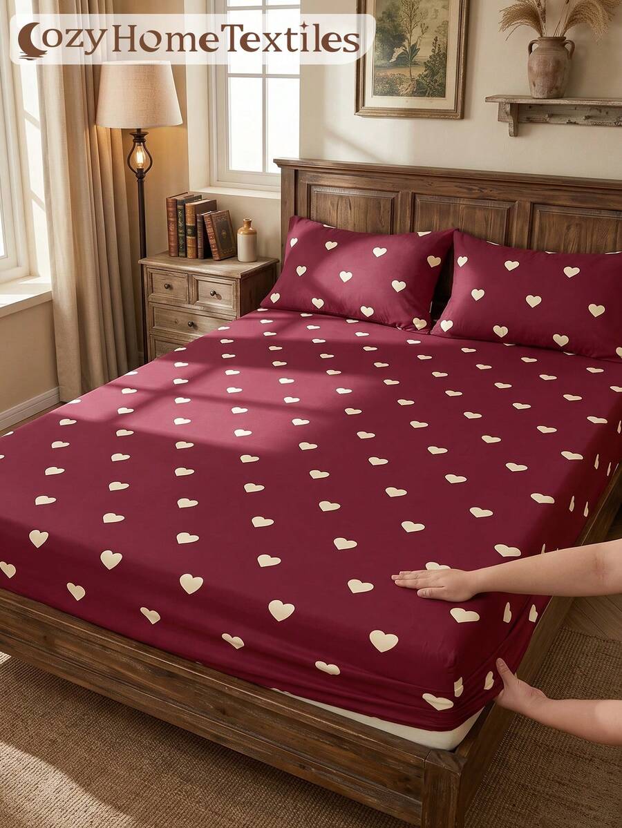 1pc Burgundy Red Beige Heart Pattern Fitted Sheet, Mattress Protector, Autumn Bedding, Soft Comfortable Warm Breathable Wrinkle-Resistant, Machine Washable, Single/Double/Queen/King Size, All Season Use, Pillow And Pillowcase Not Included, Bedroom Decor