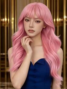 Women's Long Curly Pink Wig With Bangs, Versatile Soft Smooth Synthetic Fiber, High Density Natural Look, Secure Fit Adjustable Cap, Comfortable Wear, Suitable For Halloween Cosplay - Pink - View 1