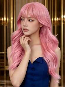 Women's Long Curly Pink Wig With Bangs, Versatile Soft Smooth Synthetic Fiber, High Density Natural Look, Secure Fit Adjustable Cap, Comfortable Wear, Suitable For Halloween Cosplay - Pink - View 5