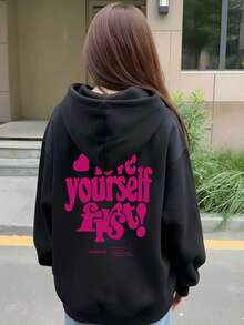 Sweet Cool Style Pink Heart English Slogan Back Print Hooded Sweatshirt Casual Loose Drop Shoulder Black Q Autumn Top - Black - View 7