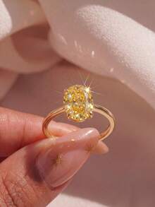 1pc Shiny Oval Engagement Ring/Wedding Ring, Women's Promise Ring/Eternity Ring, Exquisite Jewelry Gift - Gold - View 3