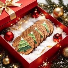 4pcs Wooden Christmas Tree Coasters, Round Wooden Coasters, Hand-Painted Christmas Tree Pattern, Suitable For Coffee Cups And Tea Cups, Winter Holiday Table Decoration, Perfect Gift For Christmas And Housewarming, Suitable For Home Kitchen, Dining Table And Bar - Multicolor - View 3