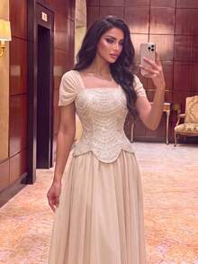 Women's Luxury Sequin Strapless Square Neck Full Skirt Maxi Ball Gown, Suitable For Formal Occasions - Champagne - View 3