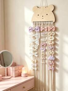 1pc Bear Wooden Hair Accessory Storage Hanging Strap, Children's Hair Clip Storage Wall Mount, Girls Room Bow Hair Tie Storage Strap - Khaki - View 1