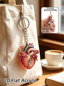 2D Flat Acrylic Pendant With Rose Floral Pattern, Keychain With Artery Pattern. Fashionable Bag Charm, Cardiologist Gift, Nurse Medical Student Gift, Car Keychain, Birthday Gift, Holiday Party Gift, Medical Student Graduation Souvenir, First Aid Training Completion Gift - Multicolor - View 4