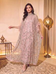 Gaun Wanita Mewah Berwarna Merah Muda dengan Hiasan Berlian Imitasi Gaya Arab, Desain Kerah Tegak, Lengan Jubah Bulu yang Glamor, Cocok untuk Pesta - Berwarna merah muda - View 2