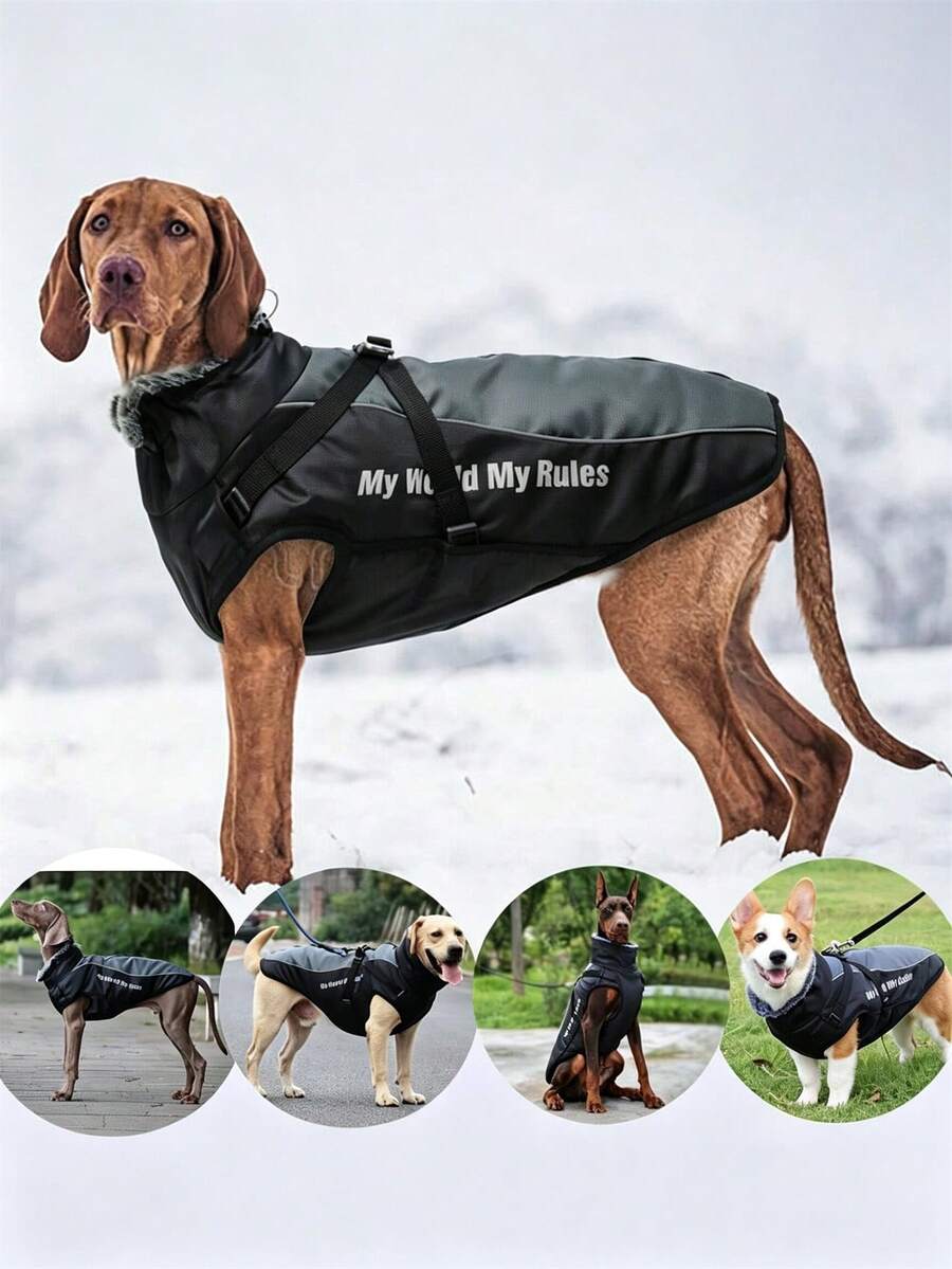 Winter Warm Waterproof Pet Jacket With Reflective Strips And Detachable Chest Harness, Windproof Fur Collar, Suitable For Medium To Large Dogs, Ideal For Cold Weather Outdoor Activities - Grey - View 1