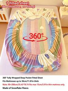 Thickened Snowflake Fleece Single Fitted Sheet (Pillowcase Not Included), Autumn/Winter Cartoon Print Non-Slip Mattress Protector, Snowflake Fleece Fabric, Soft And Warm, Elastic Band Design, Suitable For Bedroom Decor, Hotel And Dormitory Decor - Heart to Heart - View 5