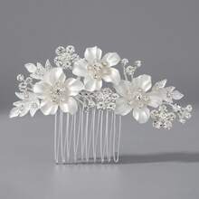 Bridal Floral Rhinestone Hair Comb, Alloy Material 3D White Flower Embellished Hair Comb, Elegant Hair Accessory For Wedding Dress And Formal Updo, Gold And Silver Colors Available - Multicolor - View 12