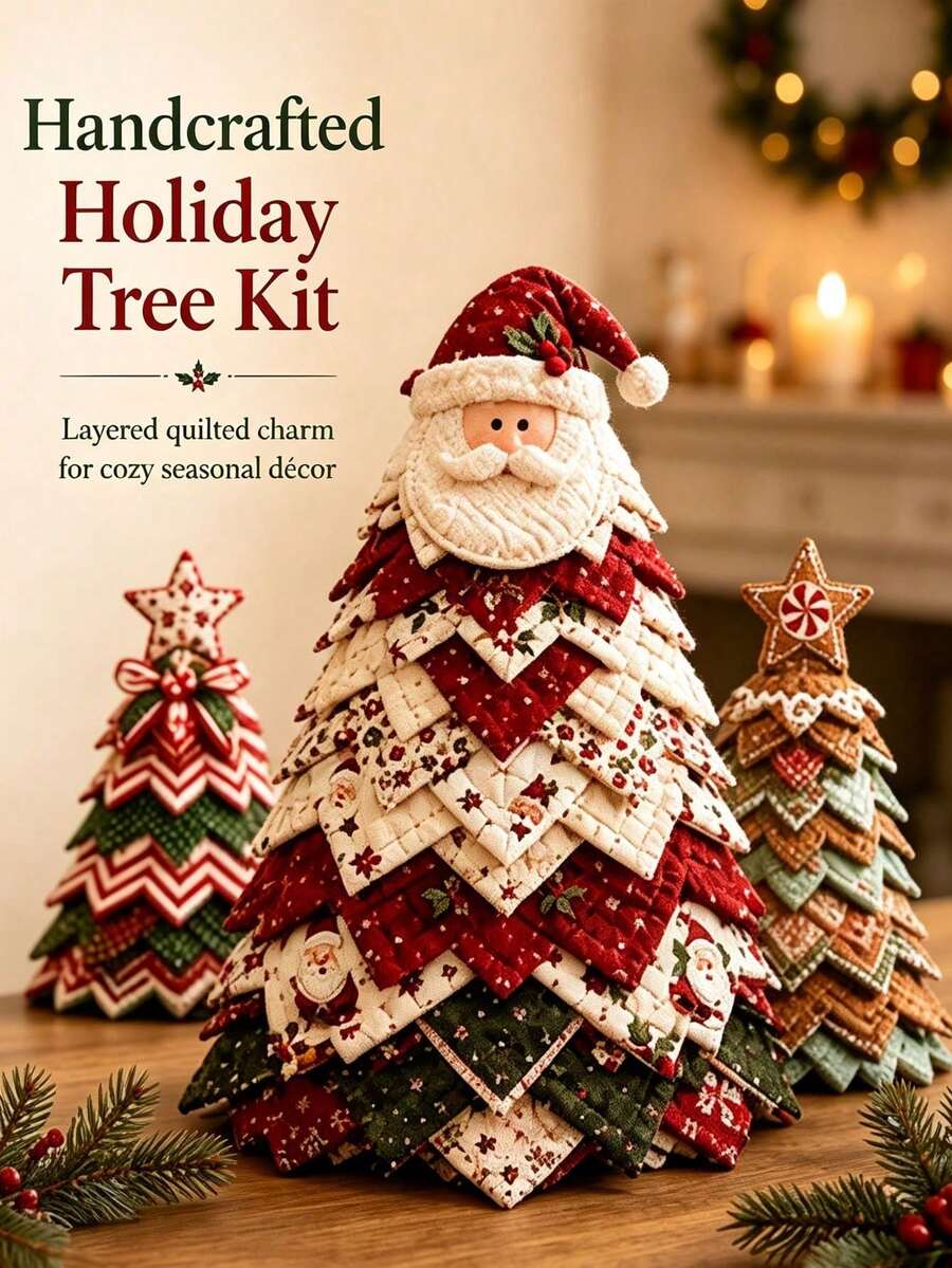 1pc Christmas Tree Fabric Collage DIY Kit, Layered Collage Desktop Holiday Tree Making Tool Set, Rustic Style Christmas Desktop Decoration, Handmade Material Creative Christmas Gift