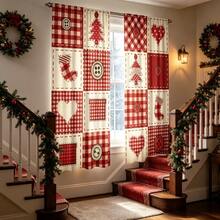 2pcs Christmas Patchwork Plaid Ready-Made Curtains,2D Flat Print With Grid Splicing,Heart,Christmas Tree And Stocking Pattern,Red Buffalo Check,Vintage Country Style,Rod Pocket Curtains For Living Room, Bedroom,Holiday Decor - Multicolor - View 6