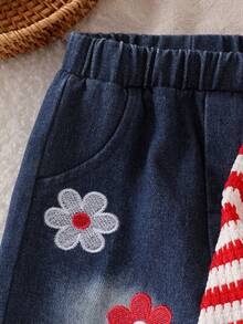 Baby Girl Sweet Casual 2-Piece Set Red & White Striped Textured Flutter Sleeve Long Sleeve Pullover Top + Embroidered Floral Gradient Dark Wash Straight Leg Denim Pants - Red - View 7