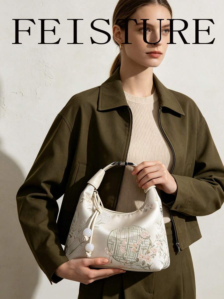 FEISTURE 1入實色尼龍布中式刺繡圖案手提水桶袋，適用於購物、約會、女士禮物、上班族、校園、上下班等場合