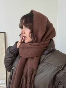 1pc Solid Color Thick Mohair Tassel Oversized Scarf For Women, Autumn/Winter Long Warm Shawl, Fluffy Plush Fabric With Soft Matte Texture, Poncho,Cap - Coffee Brown - View 1