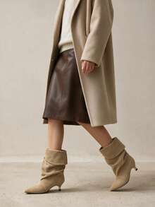 Autumn/Winter New Pointed Toe Kitten Heel Folded Ruched Mid-Calf Boots Fashion Elegant Versatile Ankle Boots For Women - Khaki - View 5