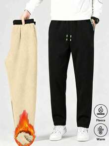 Men's Velvet Lined Straight Leg Sweatpants, Elastic Drawstring Waist With Zipper Pockets, Winter Warm Casual Pants - Black - View 1