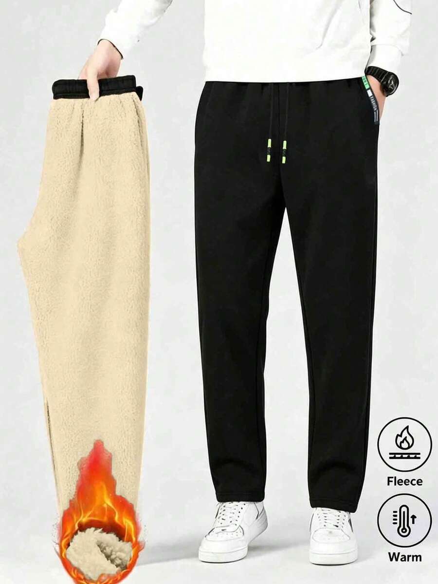 Men's Velvet Lined Straight Leg Sweatpants, Elastic Drawstring Waist With Zipper Pockets, Winter Warm Casual Pants - Black - View 1