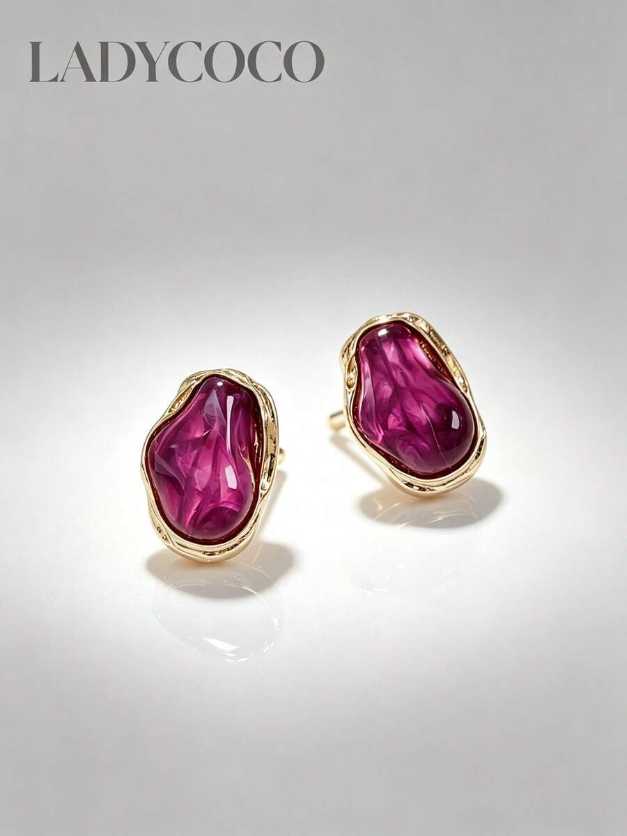 1 Pair Fashionable Elegant Minimalist Retro Multi-Color Natural Texture Asymmetrical Earrings Studs Suitable For Women's Daily Wear - Multicolor - View 1