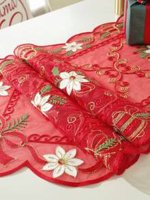 1pc 100% Polyester Red Sheer Embroidery Christmas Table Runner, Bell & Poinsettia Pattern Tassel Table Scarf, Holiday Dining Table Decor For Xmas Party Home Decoration - Red - View 6