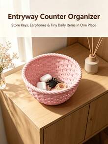 1pc Imitation Woven Round Storage Bowl, Matte Plastic Twisted Rope Rim Desktop Organizer, Decorative Basket For Jewelry Makeup Keys Home Decor - Multicolor - View 10