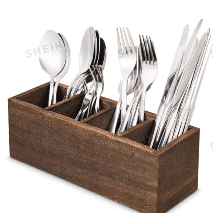 1 Cutlery Box, Paulownia Storage Box, Kitchen Utensil Storage Rack, 4-Compartment Wooden Cutlery Box, Large Dining Table Utensil Storage Box And Cutlery Holder, Suitable For Napkins, Spoons, Forks, Knives, Kitchen Supplies - 1 Pack - View 1