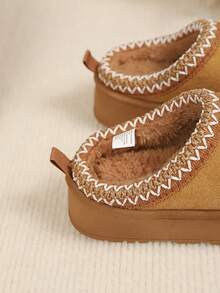 Children's Thick Sole Plush Warm Slippers With Woven Lace Trim, Fashionable Home Slippers For Autumn/Winter - Brown - View 7