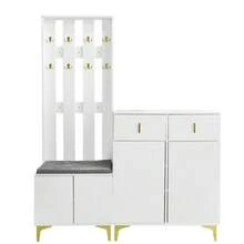 Wardrobe Set With Shoe And Cushion, Wardrobe Front With Hooks, Shoe Cabinet With Drawers And - White + MDF - View 9